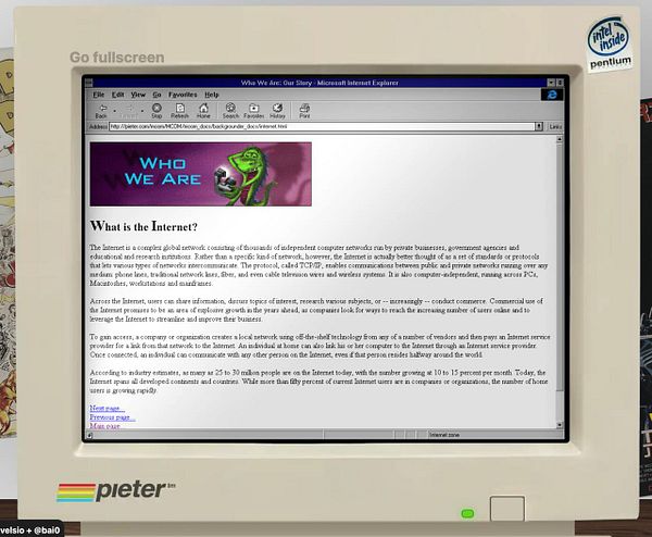 A vintage computer screen displays a webpage titled 'Who We Are' from Microsoft Internet Explorer, featuring information about the Internet.