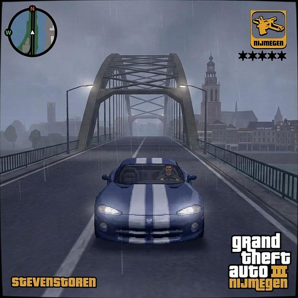 A scene from a video game featuring a blue sports car driving on a bridge in a rainy environment.
