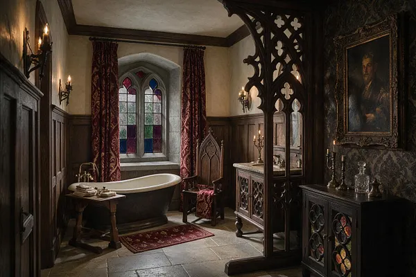 A dramatic master bathroom with Gothic styling, featuring a freestanding black-and-white bathtub beneath a pointed stained-glass window framed by burgundy drapes. Dark wood paneling, carved furniture, candle-style wall sconces, ornate mirrors, and a richly detailed vanity create a moody, medieval-inspired atmosphere.