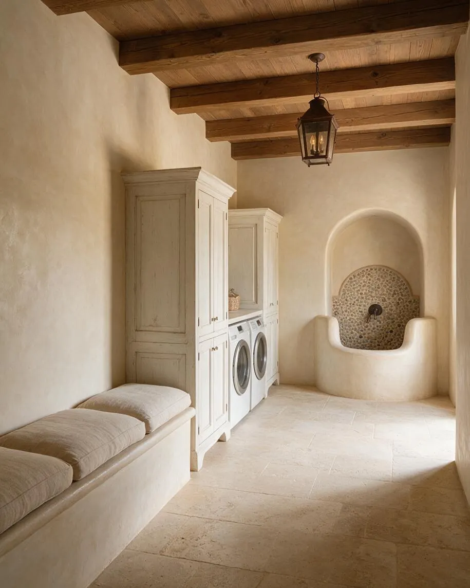 A Mediterranean-style mudroom with warm plaster walls, exposed wood ceiling beams, and a lantern pendant overhead. White built-in cabinetry houses laundry appliances beside a cushioned bench, while a recessed arched stone sink niche adds rustic charm.