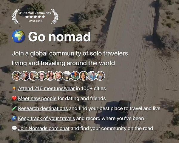 A mobile app screen displays three call-to-action buttons labeled Remote Worker, Solo Traveler, and Digital Nomad under the heading 'How do you work?'.