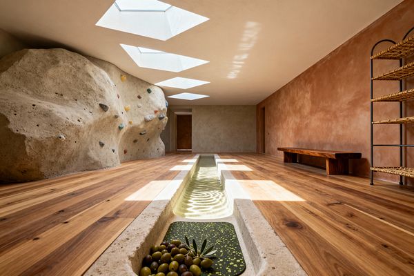 A serene home gym features a sculpted indoor bouldering wall on the left, wide natural-wood flooring, and a narrow stone water rill running the room’s length, all illuminated by a row of geometric skylights. A terracotta plaster wall holds a slab wood bench and a black metal rack with woven rattan shelves; a green speckled mat and olives sit near the rill, creating a warm, nature-inspired atmosphere for climbing and stretching.