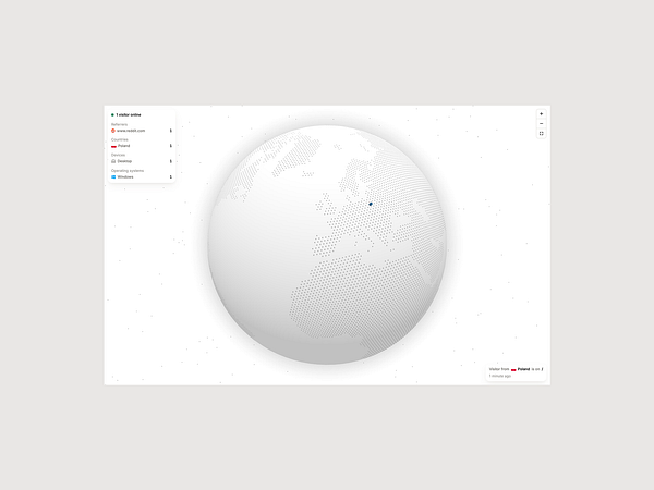 Redesigned real-time full screen view with a globe, sidebar, and clean data breakdown layout.