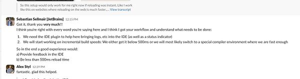 A conversation thread discussing feedback on Compose hot reload features.