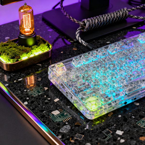 A close-up of a cyberpunk desktop shows a transparent mechanical keyboard lit with shifting cyan, blue, and lime LEDs on a black terrazzo surface inlaid with small circuit boards and trimmed in iridescent metal. To the left, a vacuum tube–style lamp rises from a shallow brass tray planted with moss and green underlight, while a matte black monitor stand and coiled braided cable sit behind.