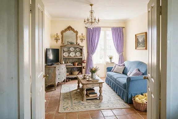 A French Country living room in the Lavender Field palette
