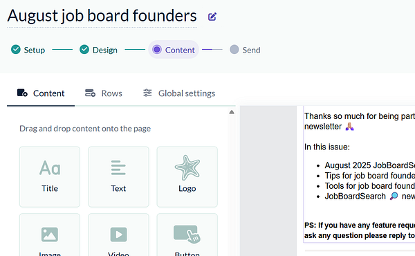 The image displays a user interface for creating a newsletter for job board founders.