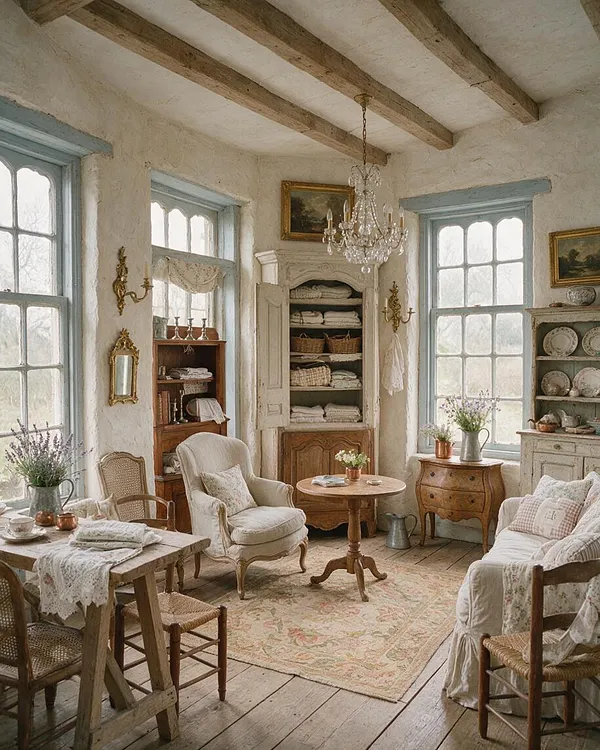 A bright French Country sunroom with tall mullioned windows, exposed wood ceiling beams, and plaster walls painted in warm white. The room features antique-style seating, a small round wood table, a distressed cabinet, open shelving with dishes and textiles, a crystal chandelier, and soft pastel accents throughout.