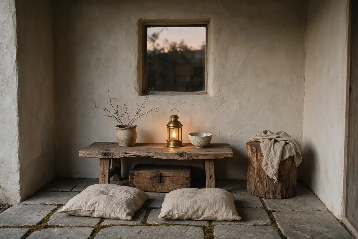 A small front porch with plaster walls, a square window, and a weathered wooden bench styled with a lantern, ceramic vase, and bowl. Linen cushions sit on the stone floor beside a rustic stump stool draped with fabric, creating a quiet, earthy atmosphere.