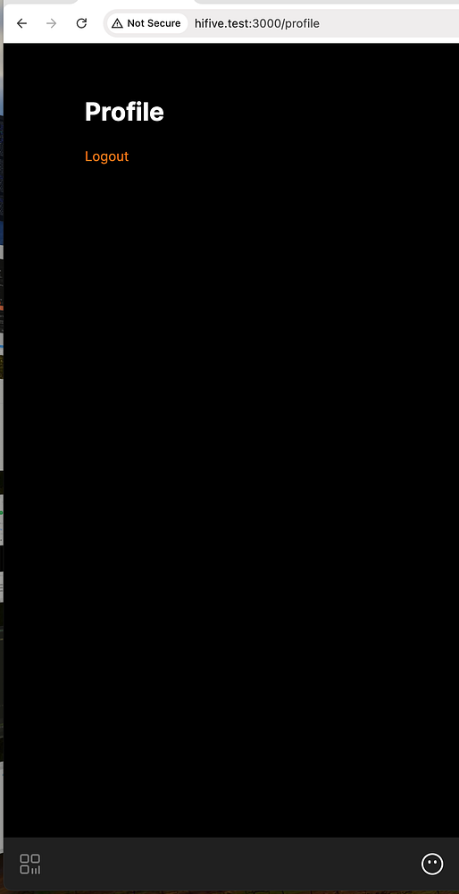 A simple profile page with a logout link displayed on a dark background.