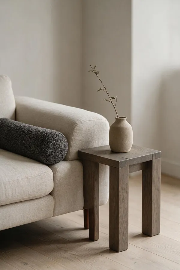 A minimalist Japandi living room vignette shows the arm of a cream linen sofa with a dark textured bolster pillow beside a small square wood side table. A simple beige ceramic vase with a delicate branch sits on top, with pale walls and light wood flooring creating a calm, airy atmosphere.