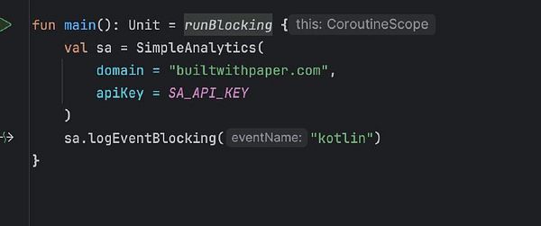 The image displays a snippet of Kotlin code for integrating SimpleAnalytics.