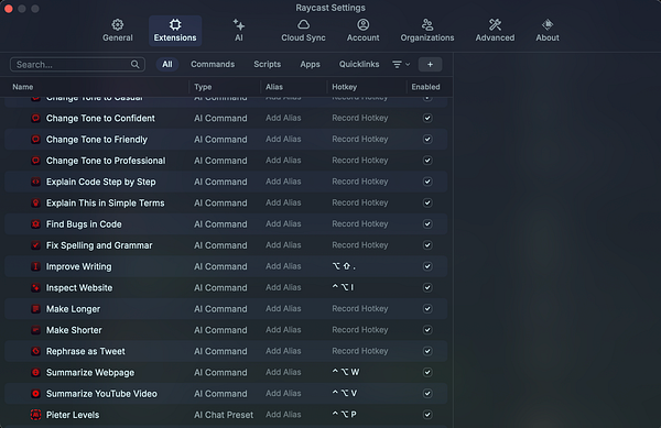 The image displays the Raycast settings interface focused on AI commands and their associated hotkeys.