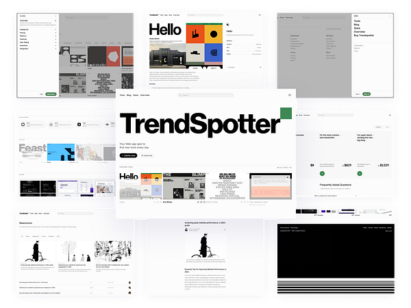 A collage of various screenshots from the TrendSpotter web application interface.