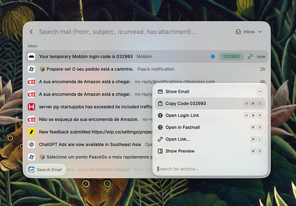 Email inbox interface showing a list of recent emails, a selected email with a temporary login code, and a context menu with options related to code and link actions.