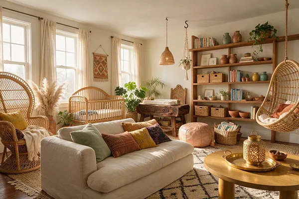 A sunlit bohemian nursery with a wicker crib, hanging rattan chair, cream sofa, and open wooden shelving filled with books, baskets, plants, and pottery. Natural textures, patterned textiles, and warm neutral tones create a cozy, airy atmosphere.