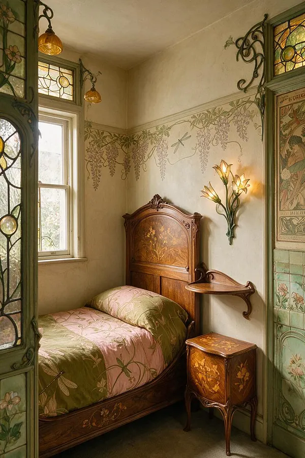 A small Art Nouveau guest bedroom with a carved wooden bed, floral bedding in soft green and pink, and an ornate headboard. The room features hand-painted vine motifs, stained glass panels, amber pendant lights, and a decorative wooden bedside cabinet, creating a warm vintage atmosphere.