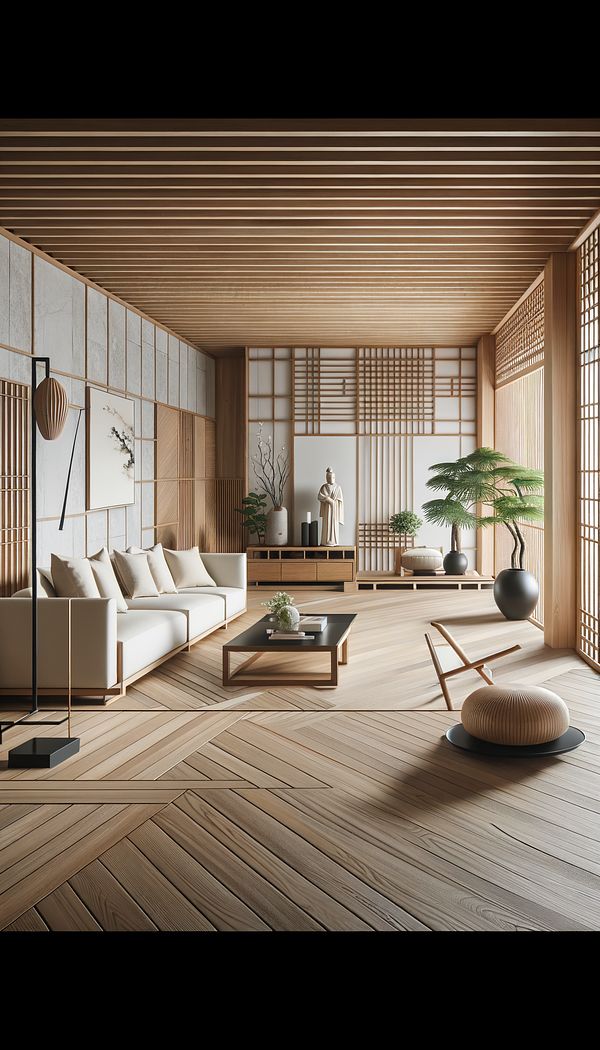 A minimalist living room inspired by Asian Zen Style, featuring clean lines, natural elements such as wood and stone, and a tranquil ambiance.