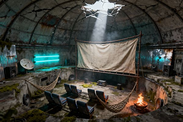 A circular, bunker-like media room with a cracked concrete dome and a hole where sunlight beams down. A large canvas sheet hung from a rope-and-pipe frame serves as a screen, facing two rows of salvaged blue-gray theater seats. Neon cyan tube lights and a burning fire pit illuminate mossy surfaces, rusted corrugated steel panels, scattered speakers and subwoofers, a satellite dish, hammocks on both sides, and exposed pipes and cables.
