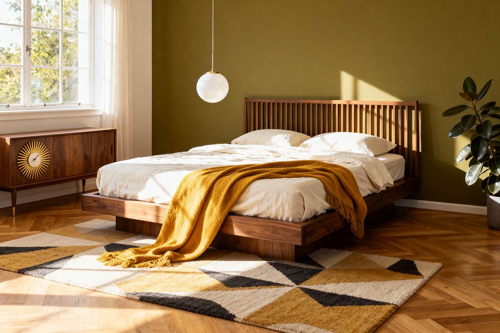 A sunlit Mid-Century Modern bedroom features a low walnut platform bed with slatted headboard, dressed in off-white linen and a mustard throw. An olive green wall, herringbone oak floor, and a geometric rug in ochre, cream, black, and gray set the palette, complemented by a white globe pendant with brass detail, a splayed-leg walnut credenza with a sunburst clock, sheer curtains framing a large window, and a rubber plant in a concrete pot.
