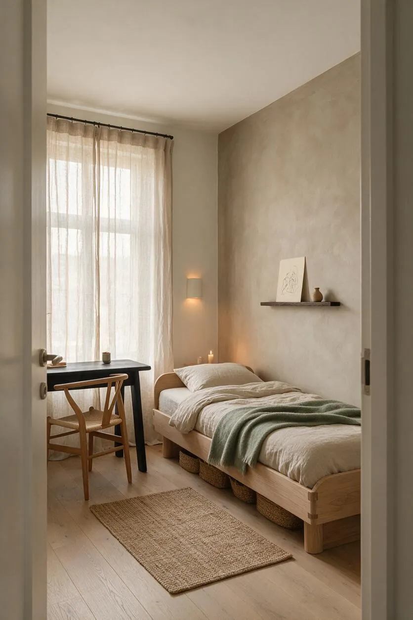 A calm kids' room in Japandi style with a low wooden bed, neutral bedding, a green throw, and woven baskets underneath. Sheer curtains filter soft daylight beside a small black desk and wooden chair, while a simple shelf and warm wall light complete the minimalist space.