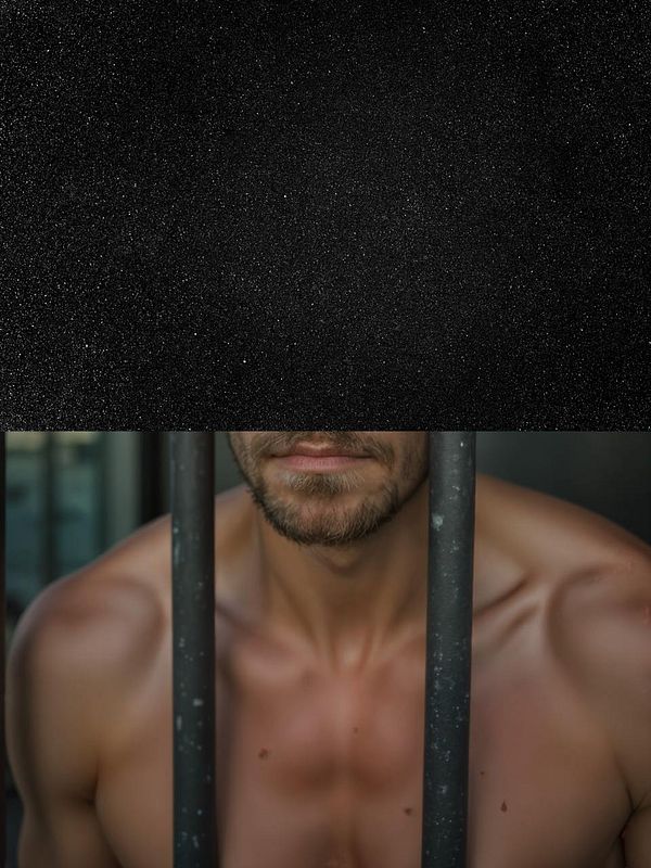 A close-up of a man's upper body and face, partially obscured by a grainy black overlay.