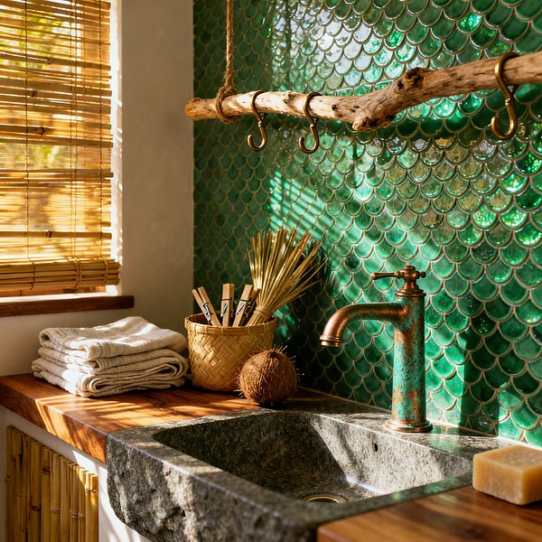 Close-up of a tropical-style laundry sink with an emerald green fish-scale tile backsplash. A rough stone basin sits in a warm teak countertop beside folded beige towels and a rattan basket of clothespins. A patinated copper faucet stands in front, while a rope-suspended driftwood rod with brass hooks hangs above. Sunlight filters through bamboo blinds, casting golden shadows across the natural textures.