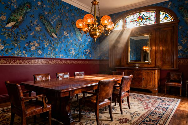 A formal Victorian dining room features a long polished wood table surrounded by brown leather chairs beneath a brass chandelier with glowing amber glass globes. Peacock-and-floral blue wallpaper sits above burgundy walls with a gold frieze. A built-in mahogany sideboard with a gilded mirror backs the room, while an arched stained-glass transom admits a shaft of sunlight. A patterned wool rug lies over hardwood floors.