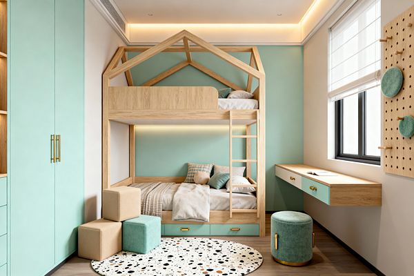 A contemporary kids’ room with a light oak house-frame bunk bed and ladder set against a mint accent wall, with integrated mint drawers below. On the left, a tall wardrobe in mint with brass pulls matches a floating desk beneath a black-framed window with a white roman shade. Warm ceiling cove lighting and an LED strip under the top bunk illuminate soft bedding, cube poufs, a speckled round rug, and a wood pegboard with mint upholstered pins.