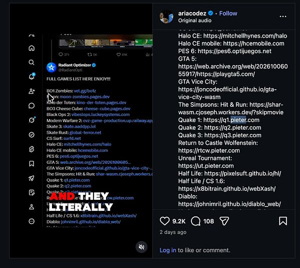 Screenshot of two social media posts listing web-based ports of popular video games with their URLs.