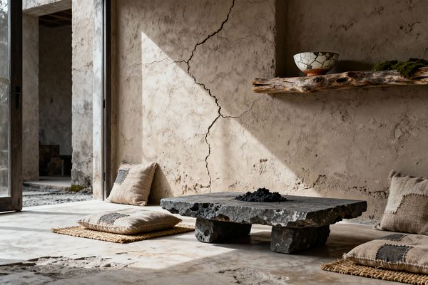 A sunlit living room with raw, cracked plaster walls and a low coffee table made from a thick, rough stone slab resting on two stone blocks. Floor seating consists of woven jute mats topped with patched linen cushions in beige and charcoal. A weathered driftwood shelf displays a white crackle-glazed bowl and a small mound of green moss. Light enters through an open metal-framed glass door, casting angular shadows across the mottled concrete floor and textured wall.