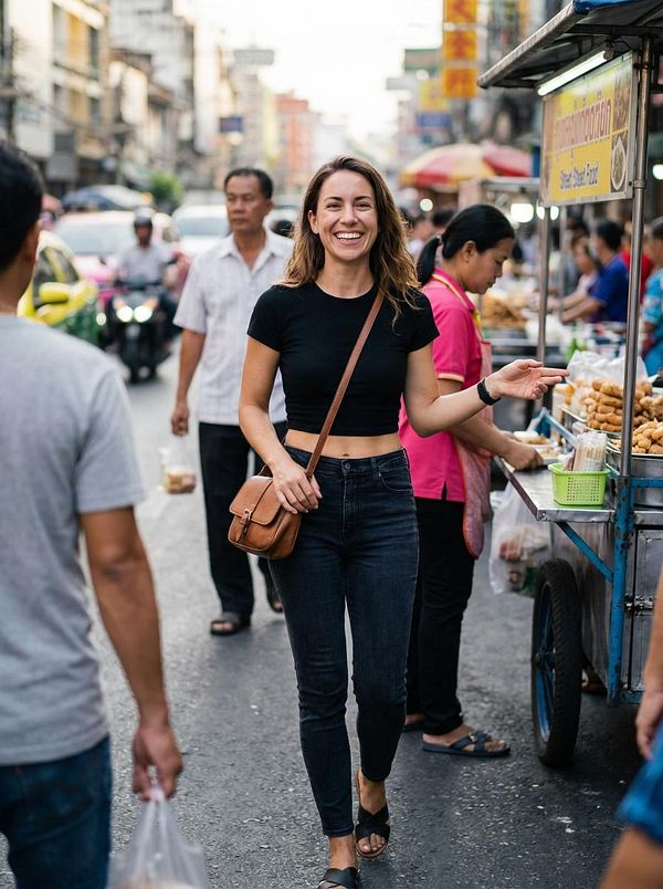 A woman smiles brightly while walking through a bustling street market.