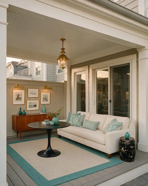 A covered backyard patio with a white upholstered sofa, black pedestal coffee table, and a turquoise-bordered rug. Brass lantern lighting, framed wall art, a mid-century wood cabinet, and decorative teal vases create a layered eclectic look.