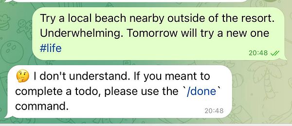 A conversation in a messaging app discussing a beach visit and a reminder about task completion.