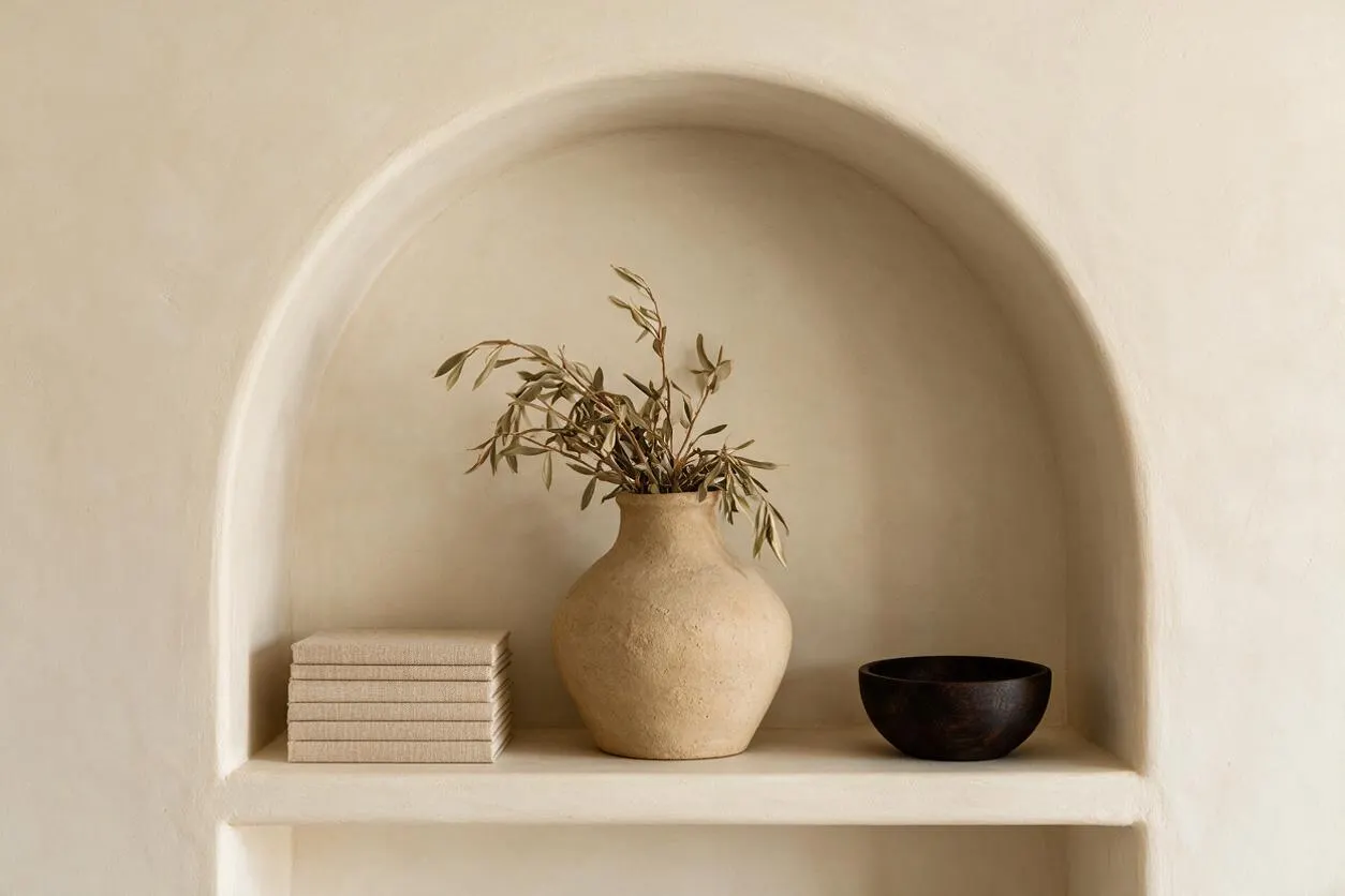 A recessed arched niche in a softly textured cream wall holds a stack of small beige books, a rounded stoneware vase with delicate olive branches, and a dark bowl. The arrangement feels calm, minimal, and warm with natural materials and muted tones.