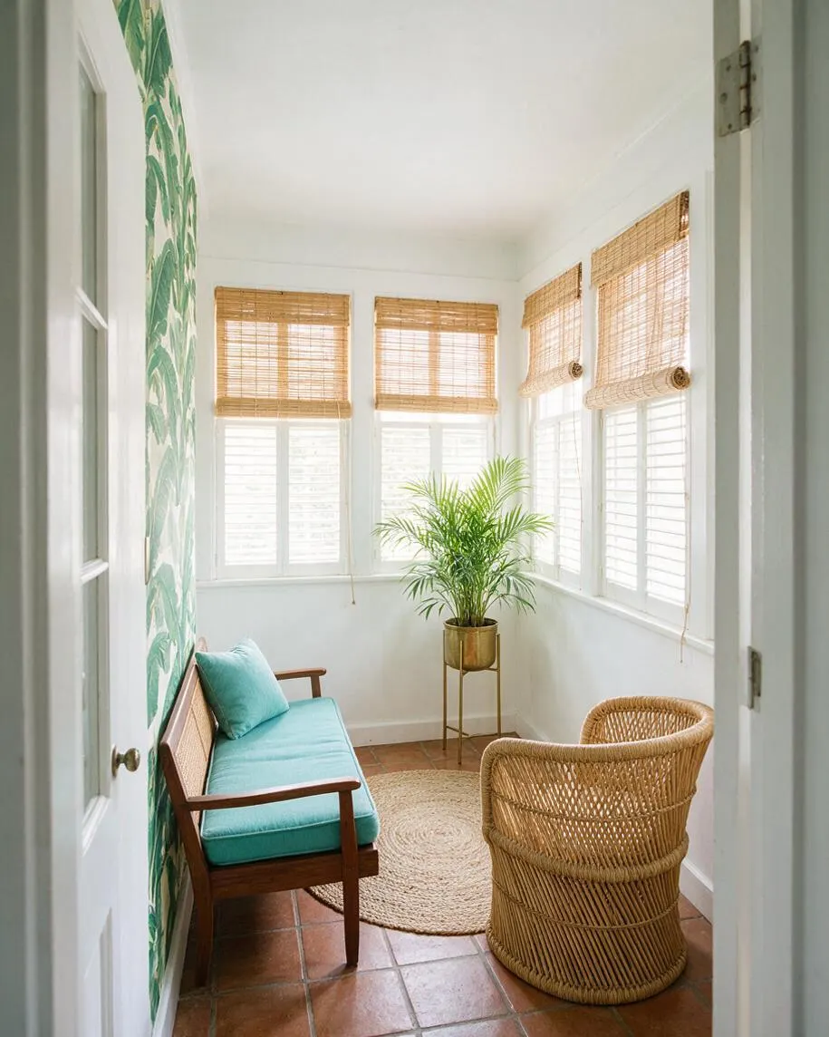 A bright sunroom with white walls, terracotta tile flooring, and multiple windows dressed with woven bamboo shades. The room includes a wooden bench with turquoise cushions, a woven rattan chair, a brass plant stand with a palm, and a leafy tropical wallpaper accent wall.