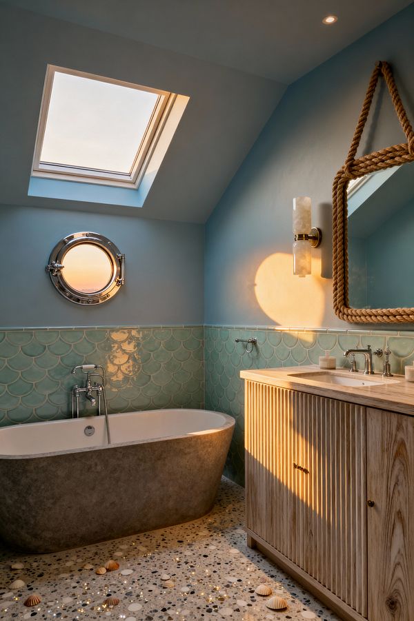 A compact coastal bathroom with sky-blue walls has a skylight and a round porthole window above sea-glass green scallop tiles. A freestanding gray cast-stone tub with chrome faucet sits beside a light wood fluted vanity with a stone countertop and undermount sink. A rope-framed rectangular mirror and a brass-and-alabaster sconce hang above, while terrazzo flooring and scattered seashells reflect warm sunset light from the skylight.