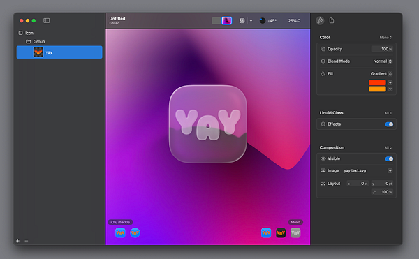 The image displays a design interface showcasing a 'Liquid Glass' icon featuring the word 'yay' in a stylized font.