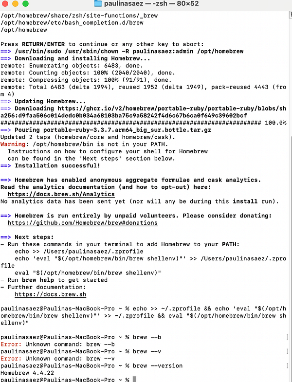 The image displays a terminal window showing the installation process of Homebrew on a Mac.