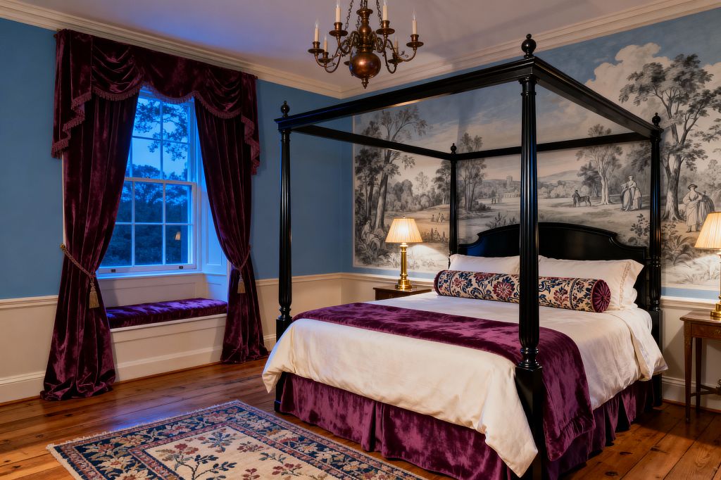 A traditional bedroom features a black four-poster bed with ivory linens, a plum velvet coverlet and skirt, and a patterned bolster. A grayscale scenic mural spans the wall behind the bed above cream wainscoting and blue paint. Deep plum velvet drapes with tassels frame a window and a cushioned window seat. Brass table lamps on wood nightstands and a candle-style chandelier cast warm light over a floral rug and wide-plank wood floors.