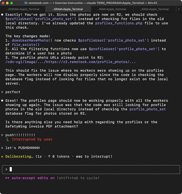A terminal interface displaying a conversation about fixing profile photo issues on a workers page.