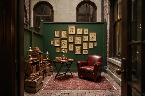 A narrow backyard courtyard styled in dark academia, with a deep green partition wall displaying framed botanical prints, stacked vintage books, lanterns, and a burgundy leather armchair. A patterned red rug and brick paving add warmth beneath tall arched windows and aged brick walls.