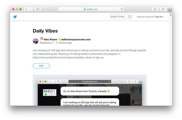 The image shows a tweet about an iOS app called 'Daily Vibes'.
