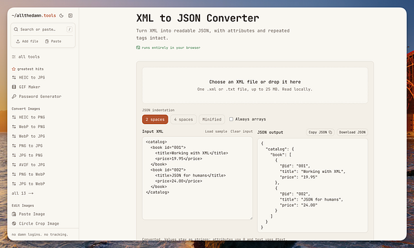 A web-based tool interface for converting XML files to JSON format with customizable JSON indentation and options.