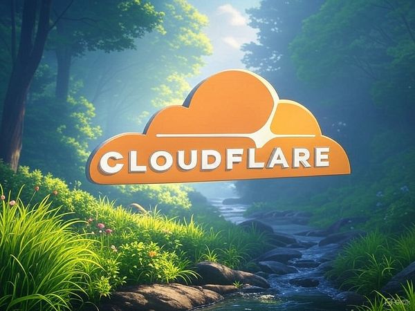 The image features the Cloudflare logo set against a serene natural landscape.