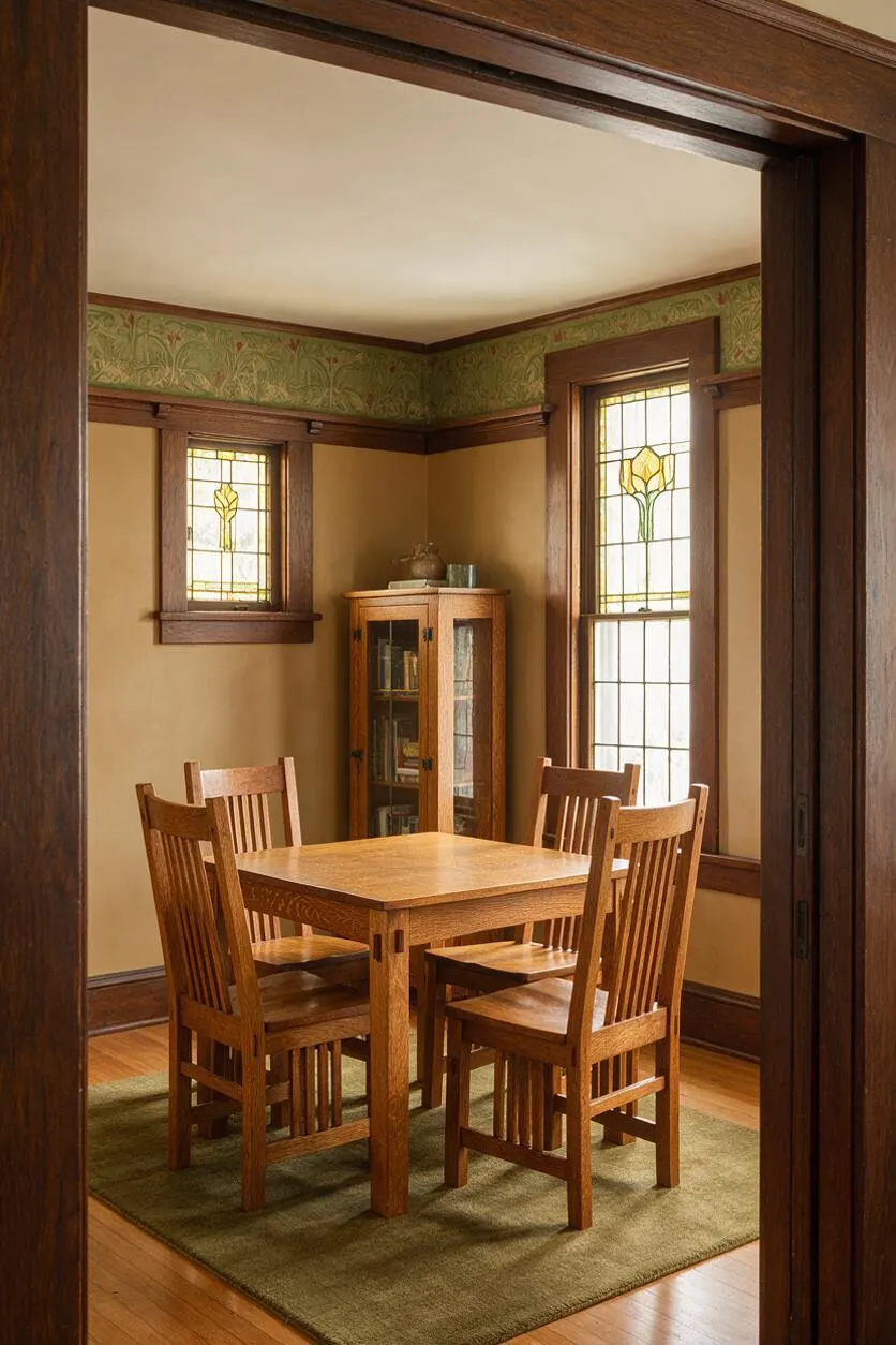 A compact Craftsman-style dining room with a square wooden table and four matching slatted chairs on a muted green rug. The room features warm wood trim, tan walls, a decorative floral wallpaper border near the ceiling, and two leaded glass windows with yellow floral details, plus a small glass-front cabinet in the corner.