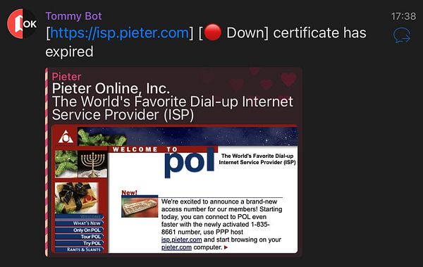 The image displays a notification about an expired SSL certificate for the website isp.pieter.com.