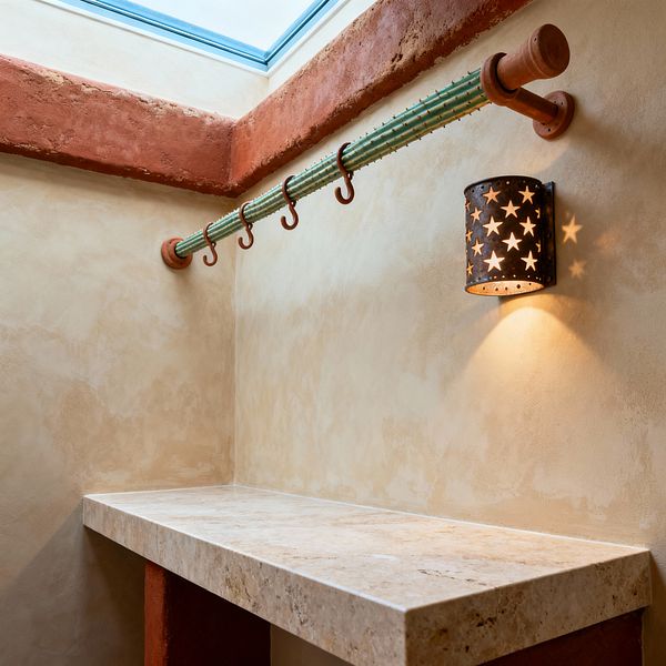 A compact Southwestern-style laundry nook with sand-colored plaster walls and a terracotta band near the ceiling. A skylight brings daylight onto a thick travertine folding counter supported by adobe-toned legs. A turquoise, cactus-like hanging rod with rusted S-hooks spans the wall. A punched-tin wall sconce with star cutouts casts warm star-shaped patterns across the textured stucco.