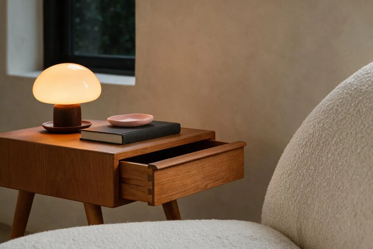 A Mid-Century Modern bedside vignette with a walnut nightstand, tapered legs, and one open drawer beside a cream upholstered chair or bed. A mushroom-shaped table lamp casts a warm glow over a black book and small pink dish, against a muted beige wall and a dark window frame.