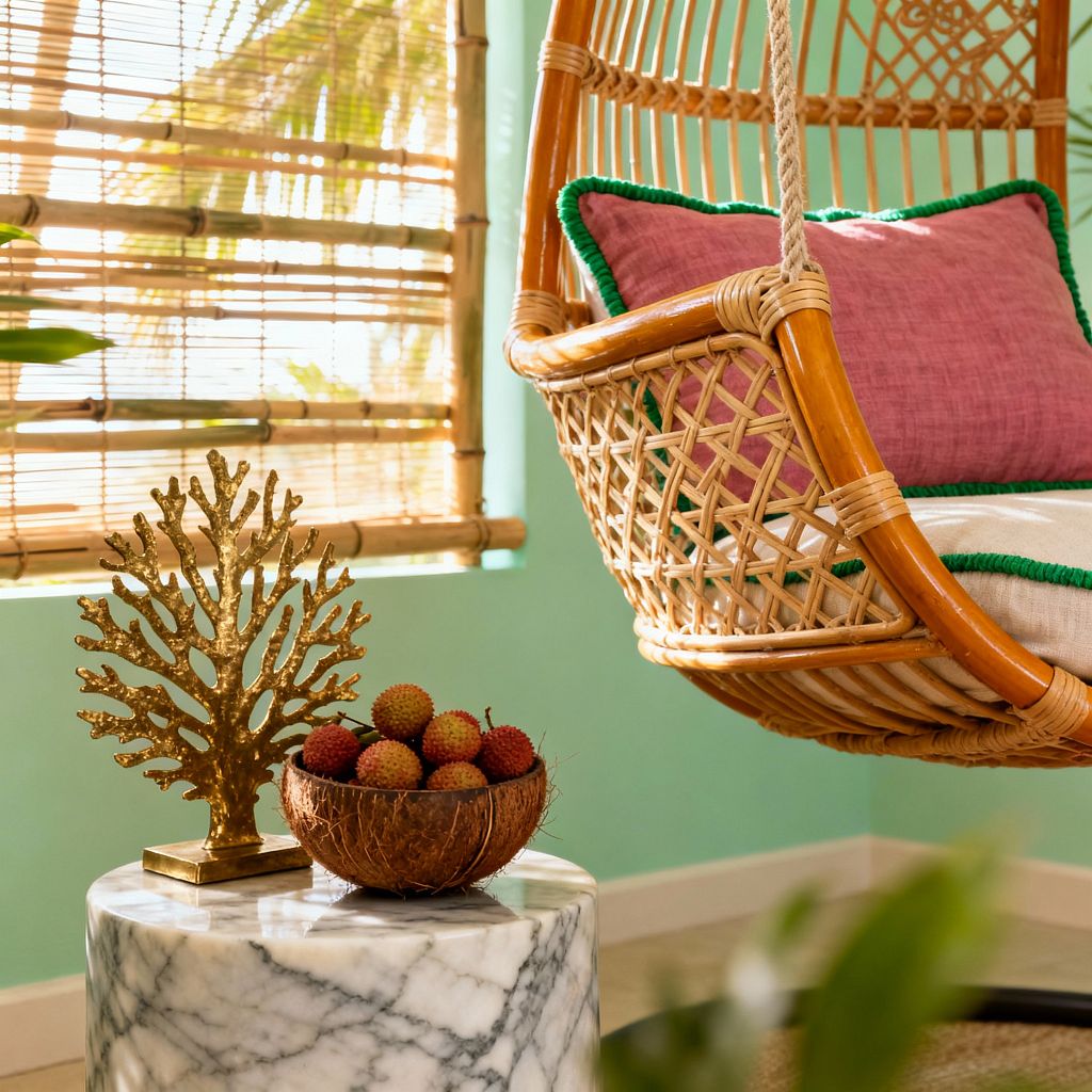 A sunlit tropical living room corner features a honey rattan hanging chair with an off-white cushion edged in green and a rose pink pillow. Mint walls and bamboo blinds filter warm light, while a cylindrical white-and-gray marble side table holds a gold coral sculpture and a coconut-shell bowl of lychees; blurred greenery and palm fronds outside complete the breezy scene.